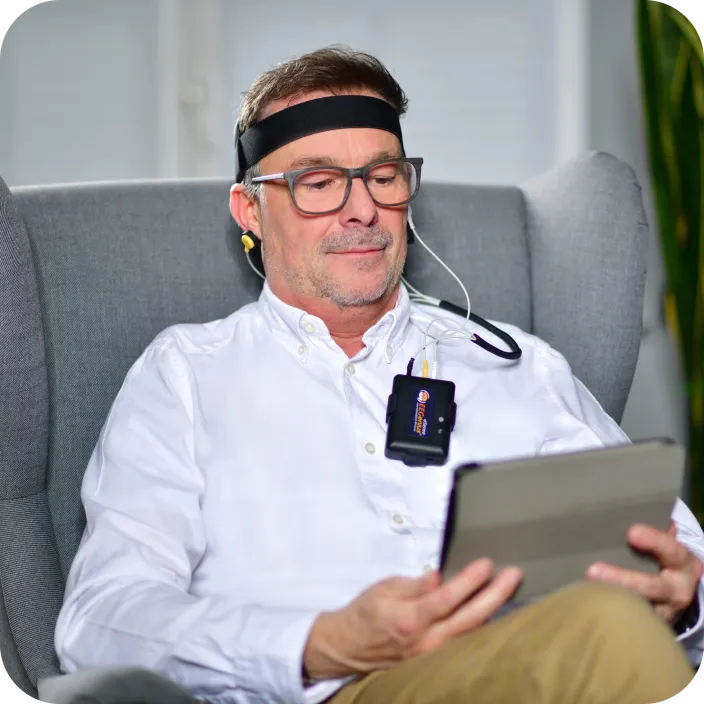 Focused work at desk with neurofeedback