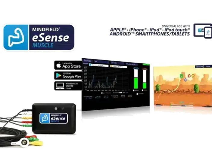 eSense Muscle Pro Edition collage showing device, electrodes, and app screens