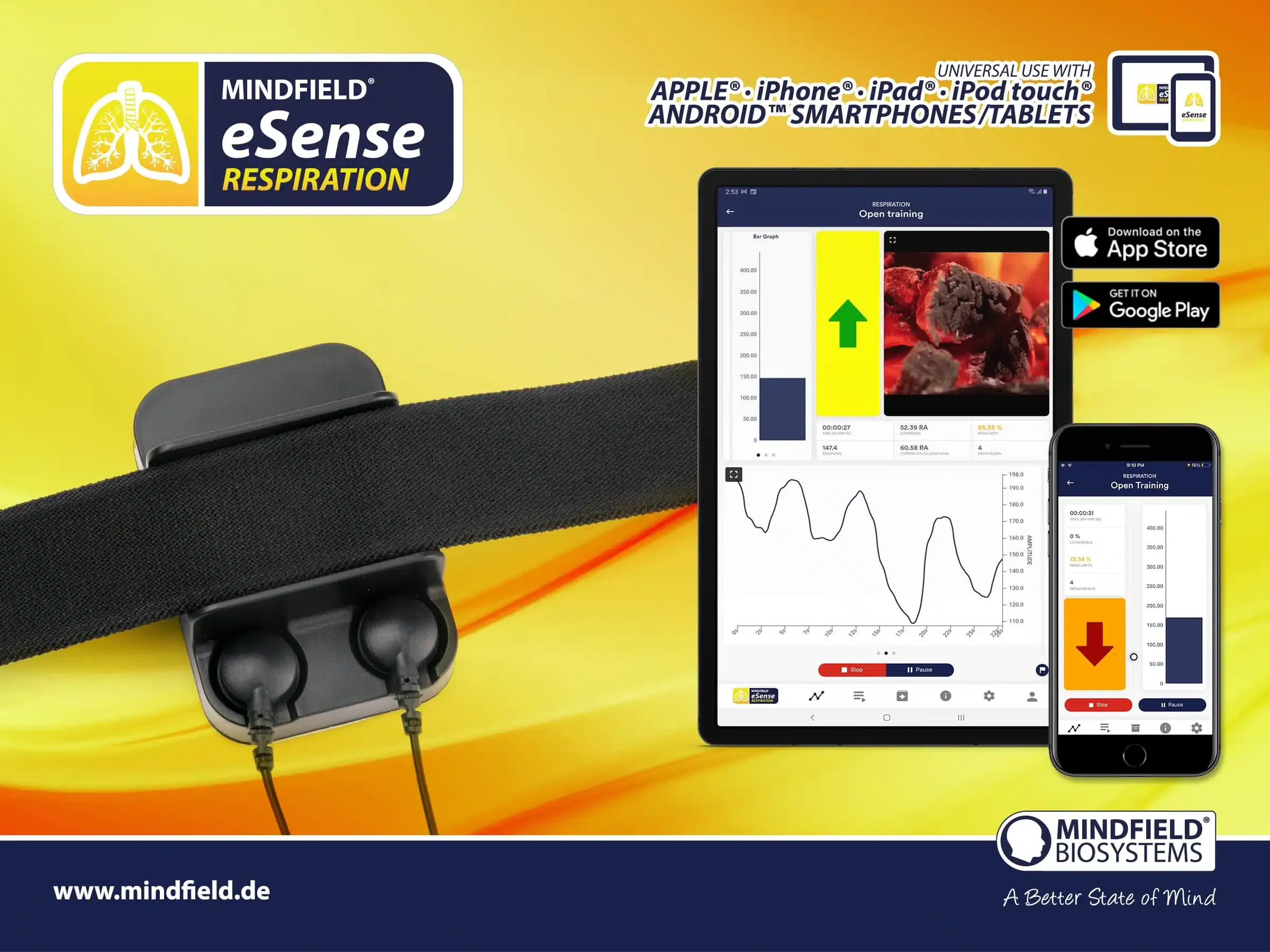 eSense Respiration belt with tablet showing breathing visualization