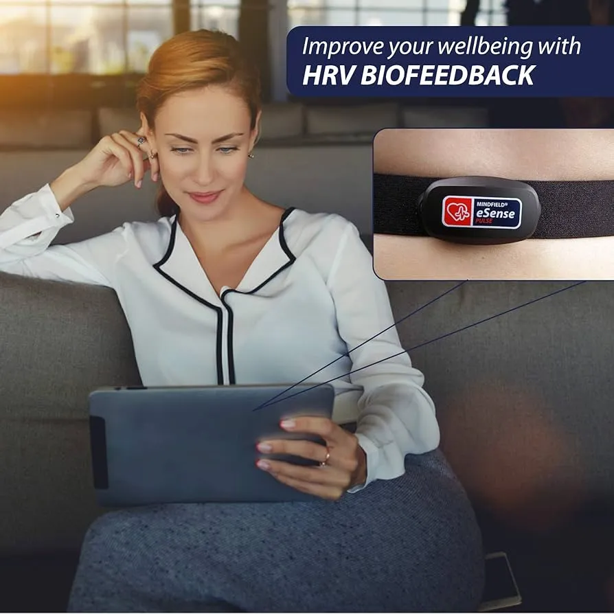 Professional using eSense Pulse HRV biofeedback training on tablet at home