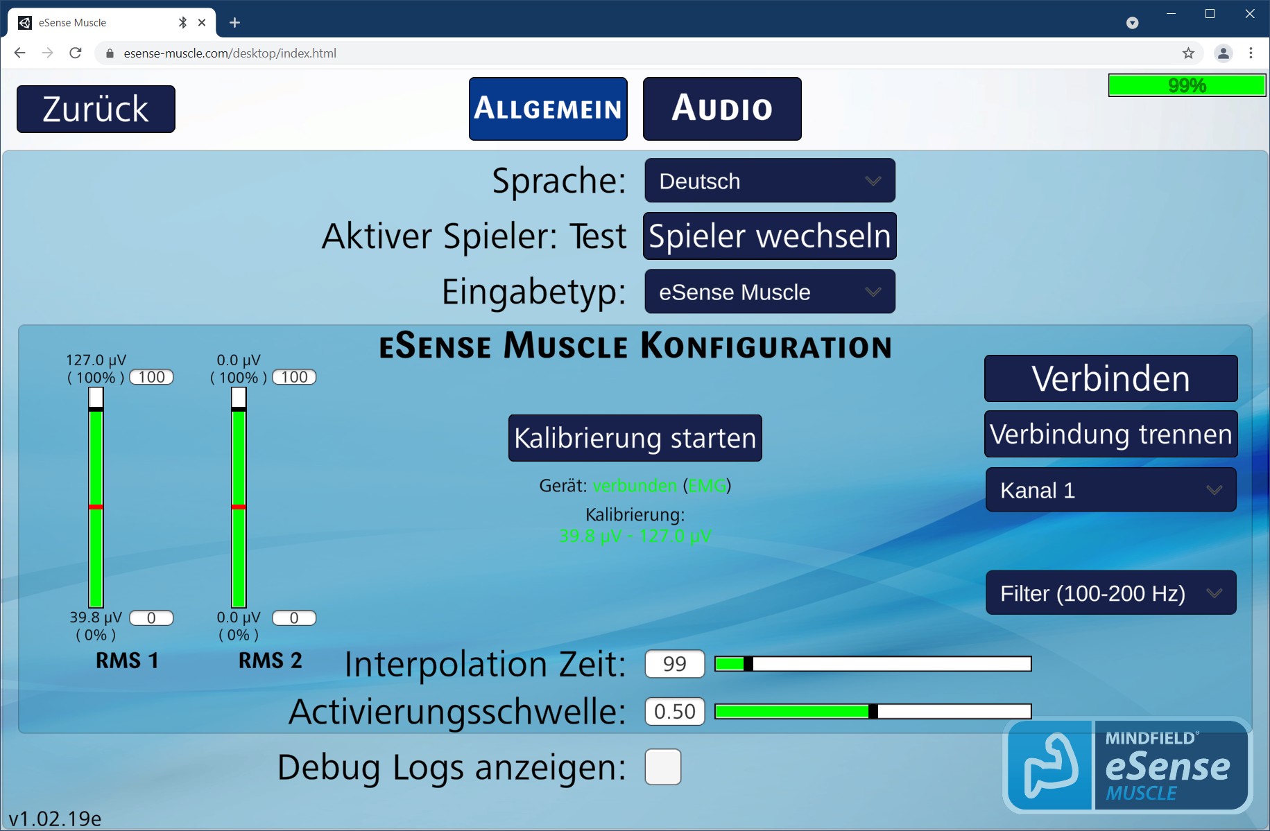 settings esense muscle web app möglichkeiten biofeedback einstellungen